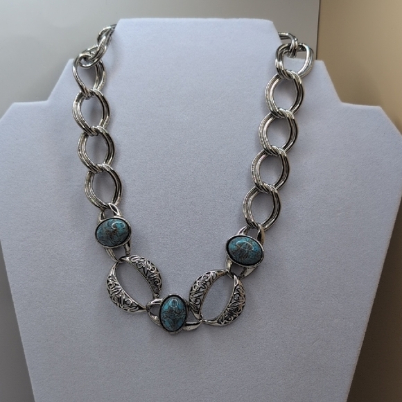 Chunky Silver Necklace with Blue Stones and Textured Links - Picture 1 of 5